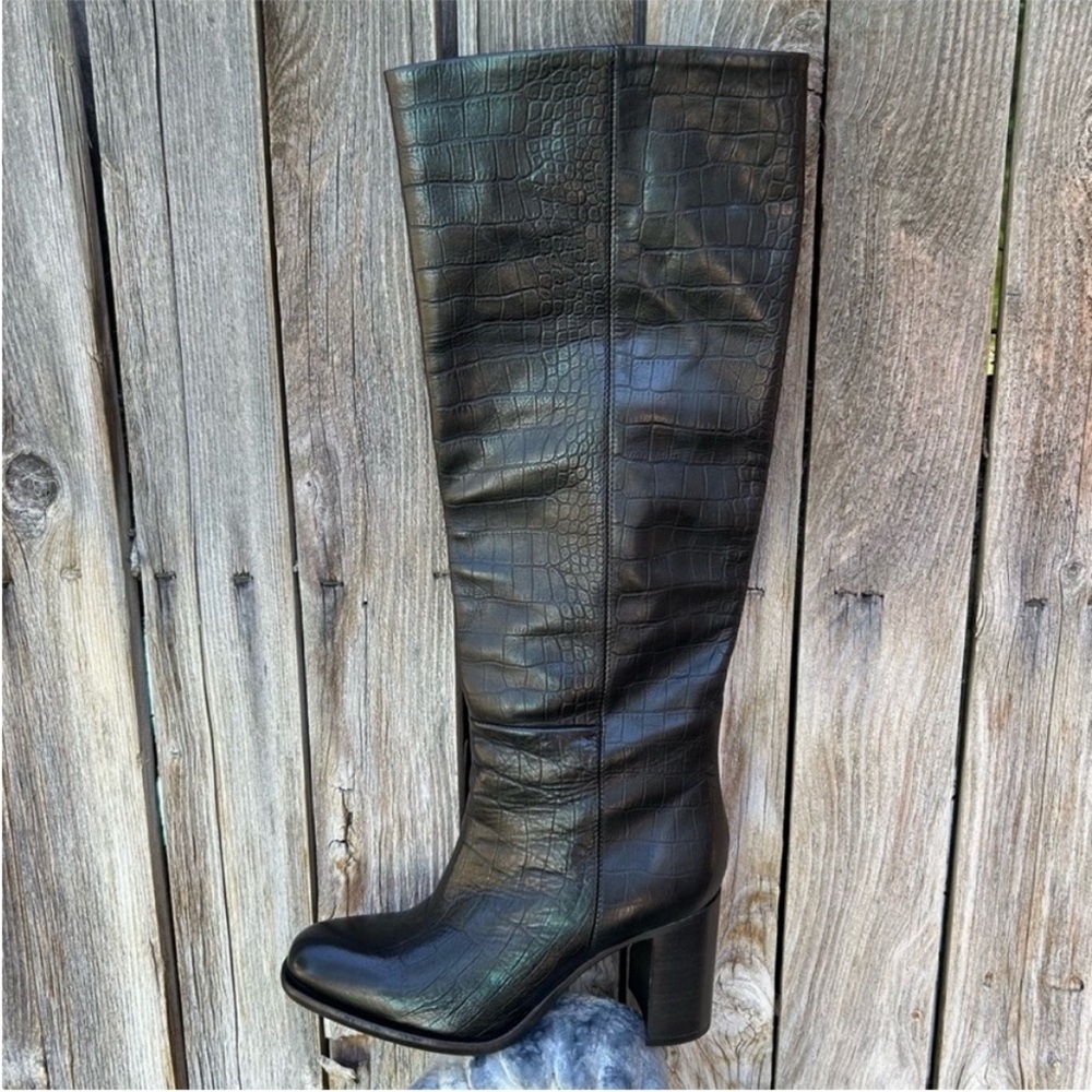 New Free People Grayson Tall Boot Leather Croc Print Black 37.5 - Picture 2 of 16